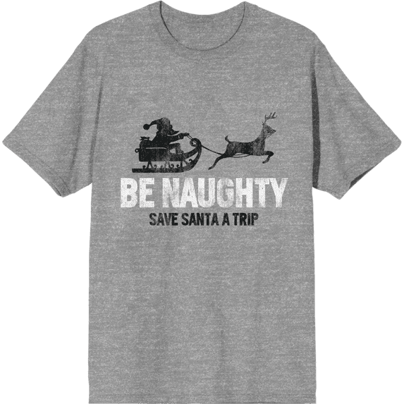 Be Naughty Save Santa A Trip Adult Heather Gray Crew Neck Short Sleee Tee-XS