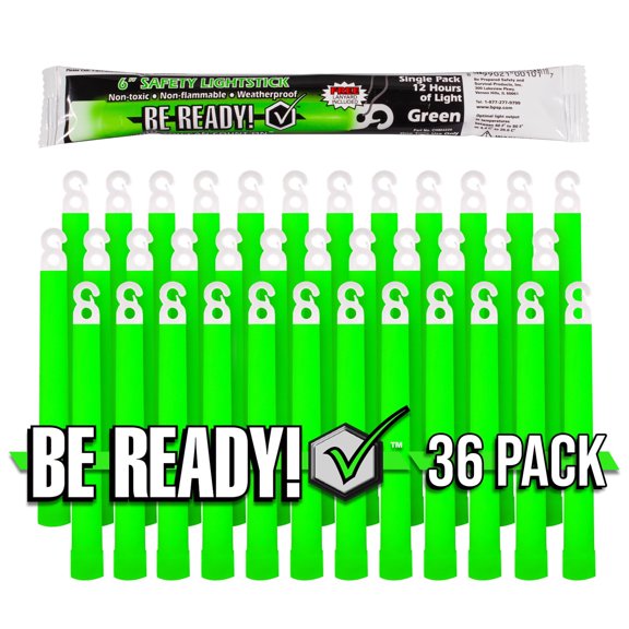 Be Ready - Industrial 12 Hour Illumination Emergency Safety Chemical Light Glow Sticks 36 Pack - Green