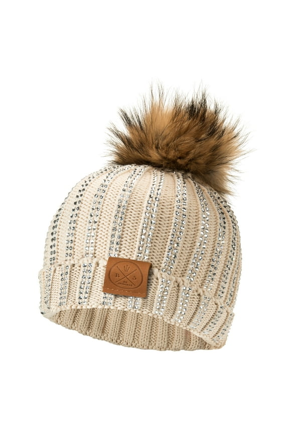 Rhinestone Pom-Pom Beanie Hat for Women, Winter Accessories Adult (Beige)
