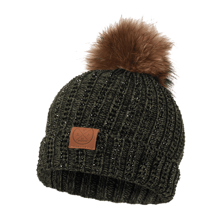 Be Sparkle Green Fur Pom Beanie Hat with Rhinestones, Winter  display picture 3