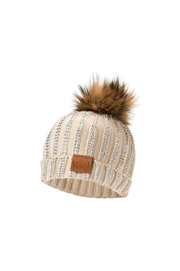 Rhinestone Pom-Pom Beanie Hat for Women, Winter Accessories Child (Beige)