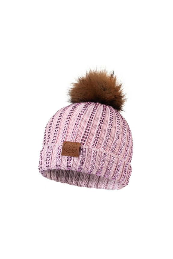 Rhinestone Pom-Pom Beanie Hat for Women, Winter Accessories Child (Pink)