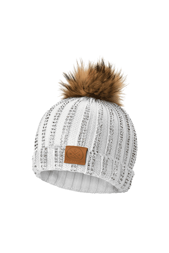 Rhinestone Pom-Pom Beanie Hat for Women, Winter Accessories Child (White)