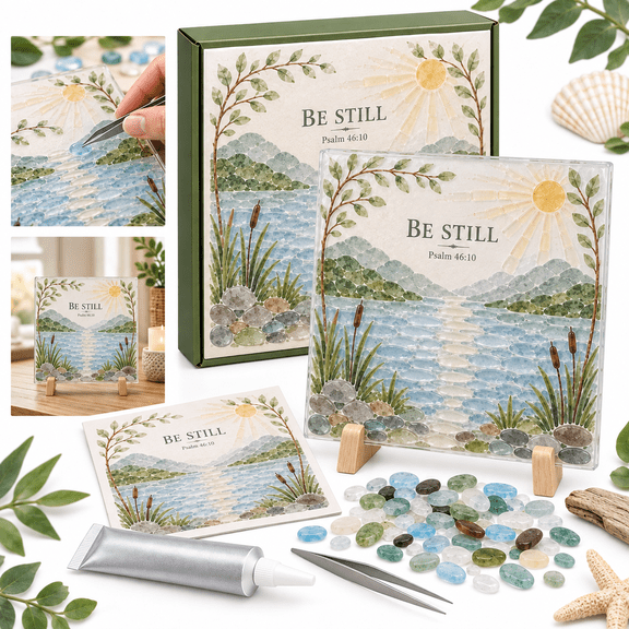 Be Still Acrylic Sea Glass Art Kit, Psalm 46:10 Bible Verse DIY Mosaic Craft Kit with Ocean Sunrise Design, Tabletop Faith Decor