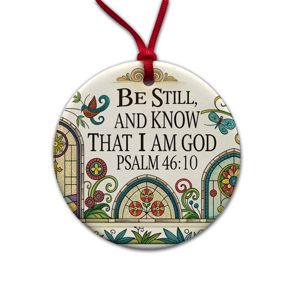 Be Still And Know That I Am God Psalm 46-10 Church Windows Christmas Tree Holiday Round Ceramic Ornament
