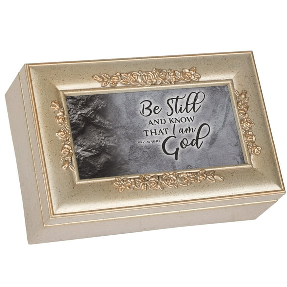 Be Still & Know Champagne Silver 7 X 4 Mdf Wood Musical Box Plays Tune Wind Beneath My Wings