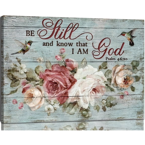 "Be Still and Know That I Am God" Canvas Wall Art, Psalm 46:10 Scripture Decor, Framed Shabby Chic Floral Print with Hummingbirds, Rustic Religious Gift for Women 8*12inch(20*30cm)
