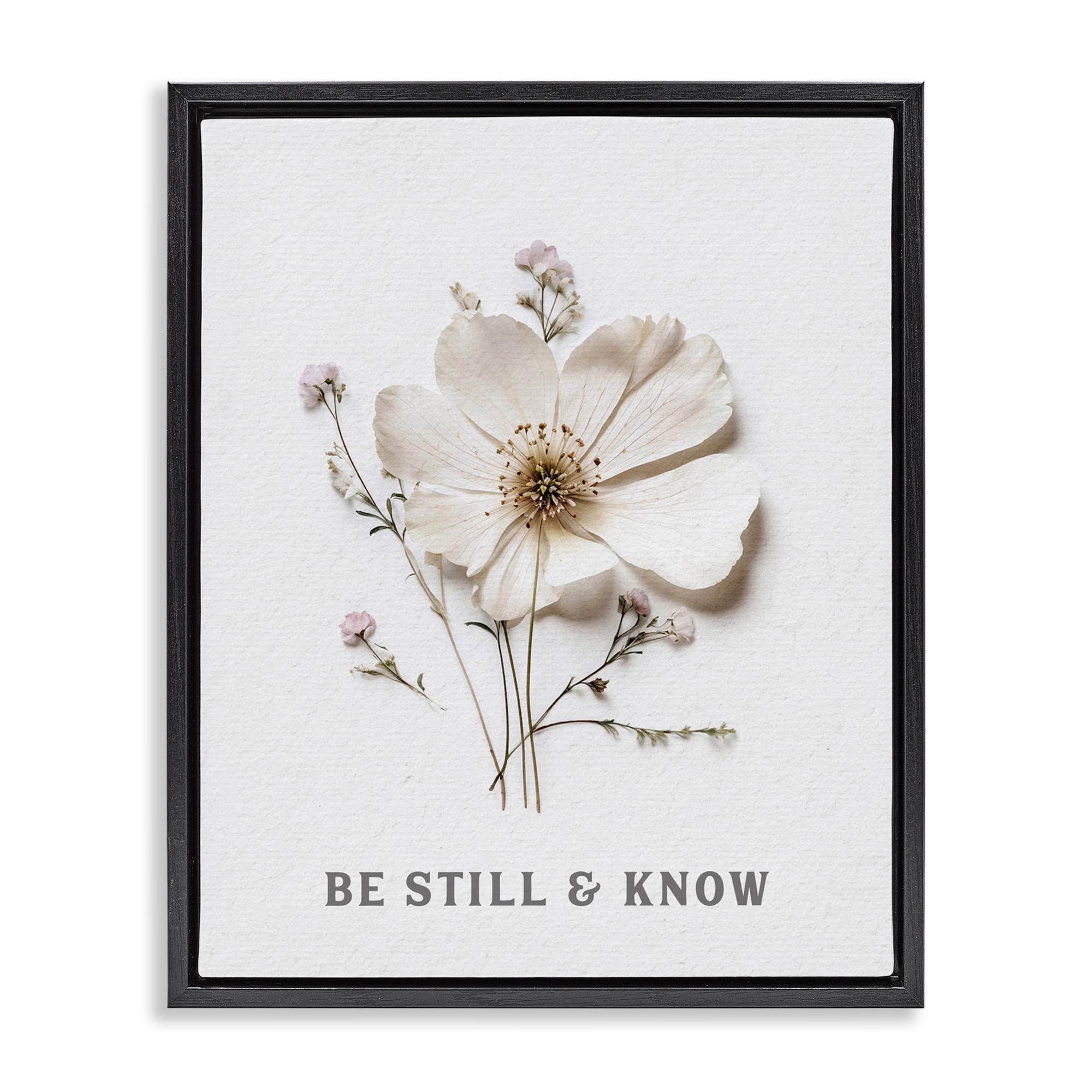 Be Still & Know Pressed Flowers Black Framed Floater Canvas Wall Art, design by Lettered and Lined