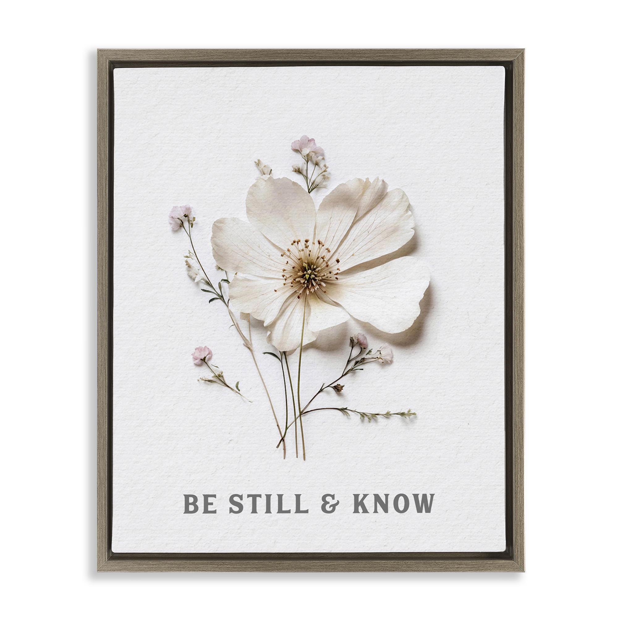 Be Still & Know Pressed Flowers Brown Framed Floater Canvas Wall Art, design by Lettered and Lined
