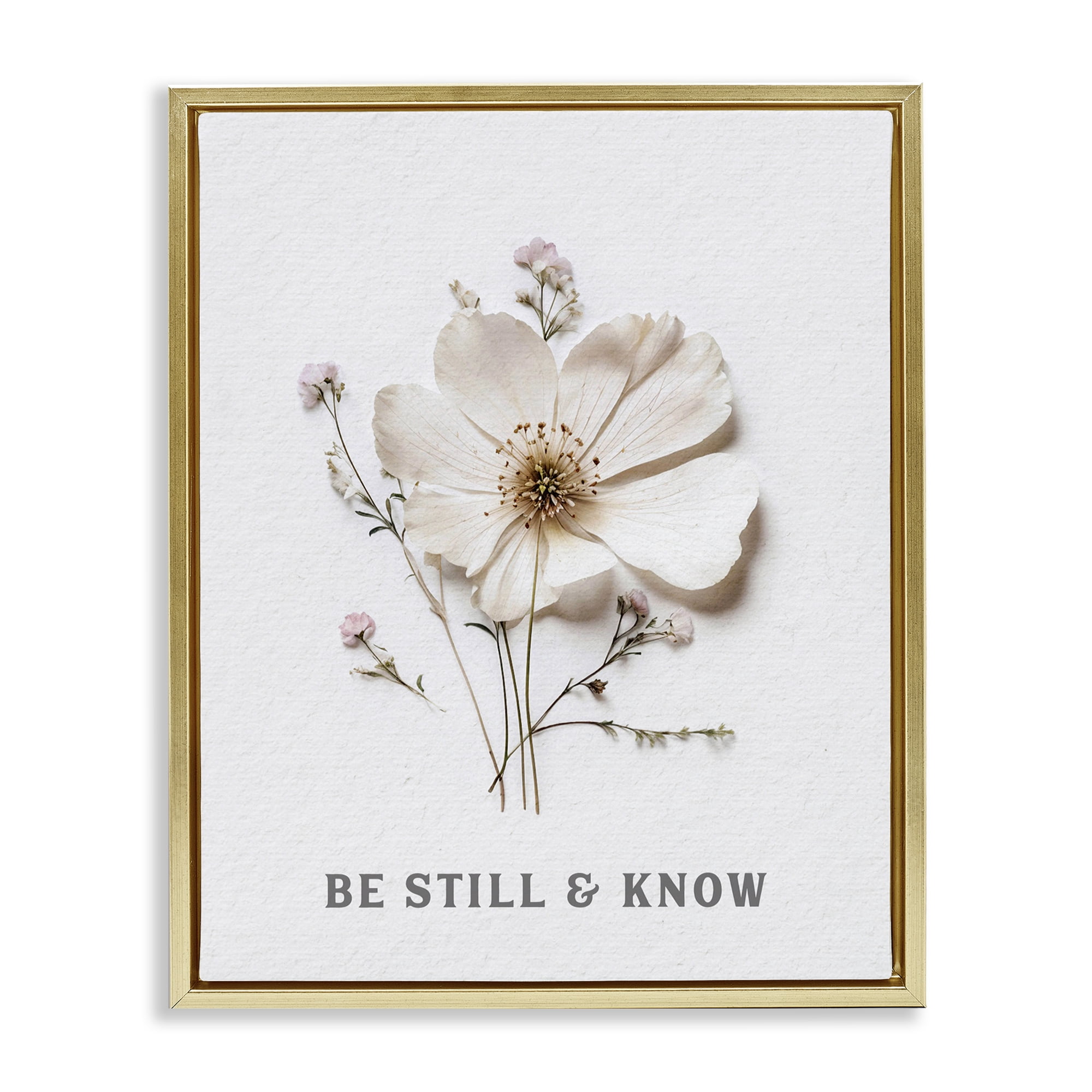 Be Still & Know Pressed Flowers Gold Framed Floater Canvas Wall Art, design by Lettered and Lined