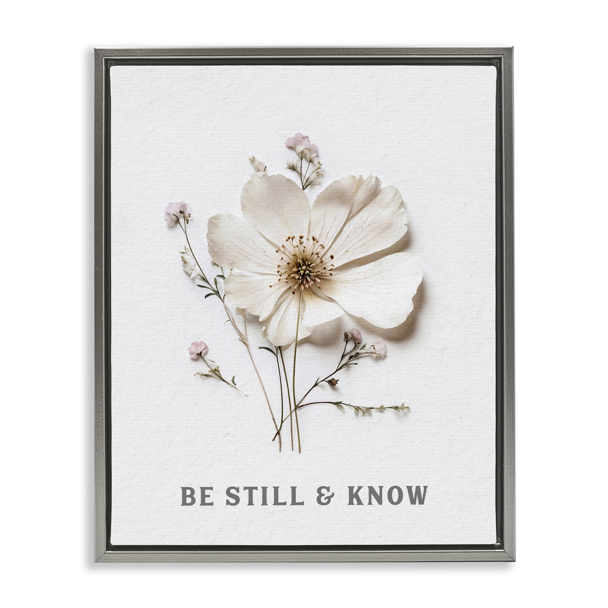 Be Still & Know Pressed Flowers Gray Framed Floater Canvas Wall Art, design by Lettered and Lined