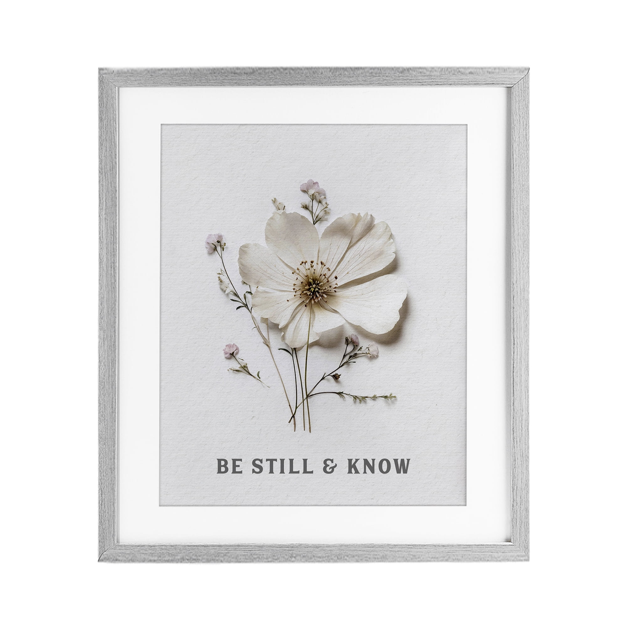 Be Still & Know Pressed Flowers Gray Framed Print Under Glass, design by Lettered and Lined