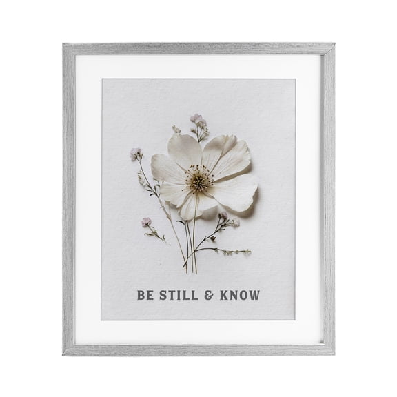 Be Still & Know Pressed Flowers Gray Framed Print Under Glass, design by Lettered and Lined