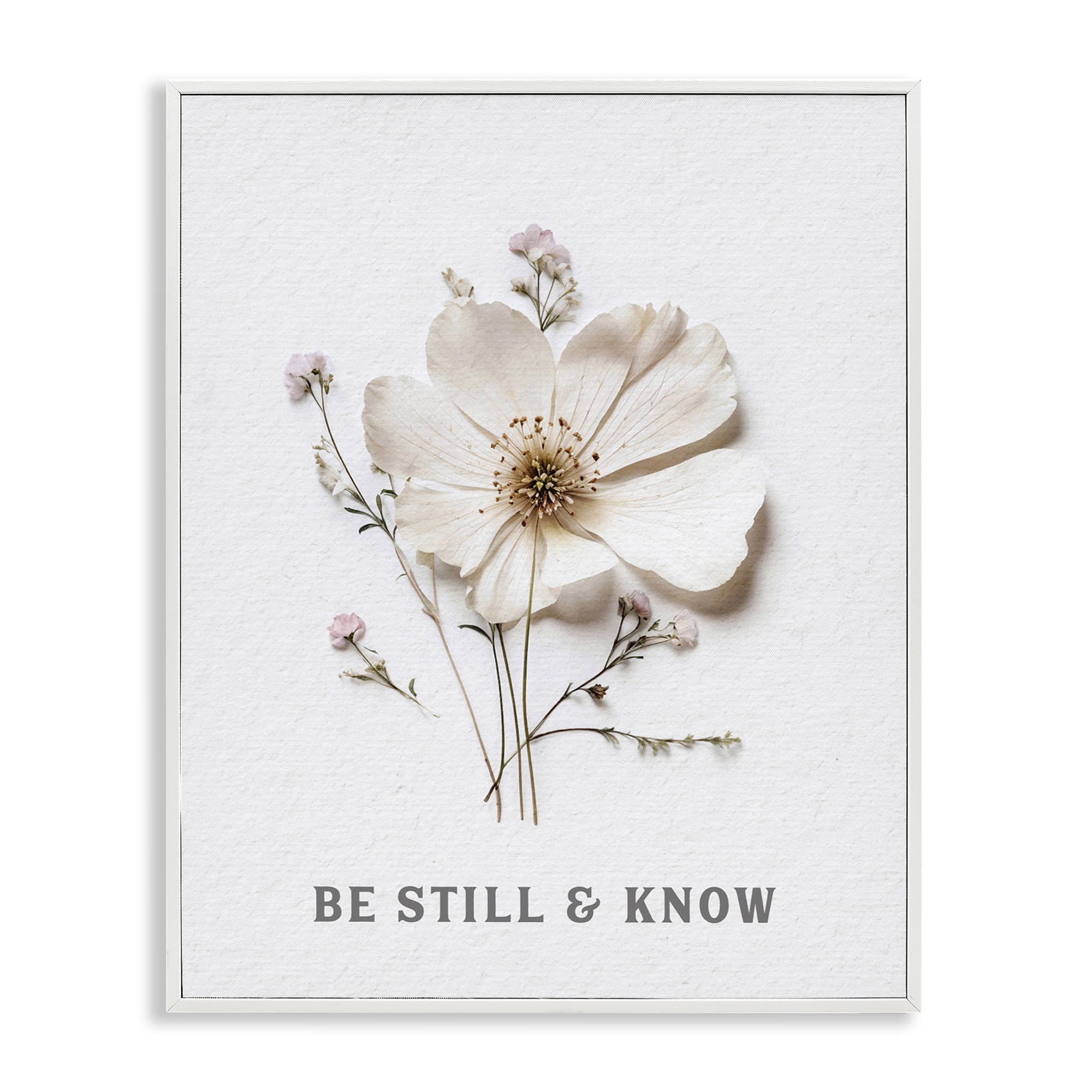 Be Still & Know Pressed Flowers White Framed Giclee Art, design by Lettered and Lined
