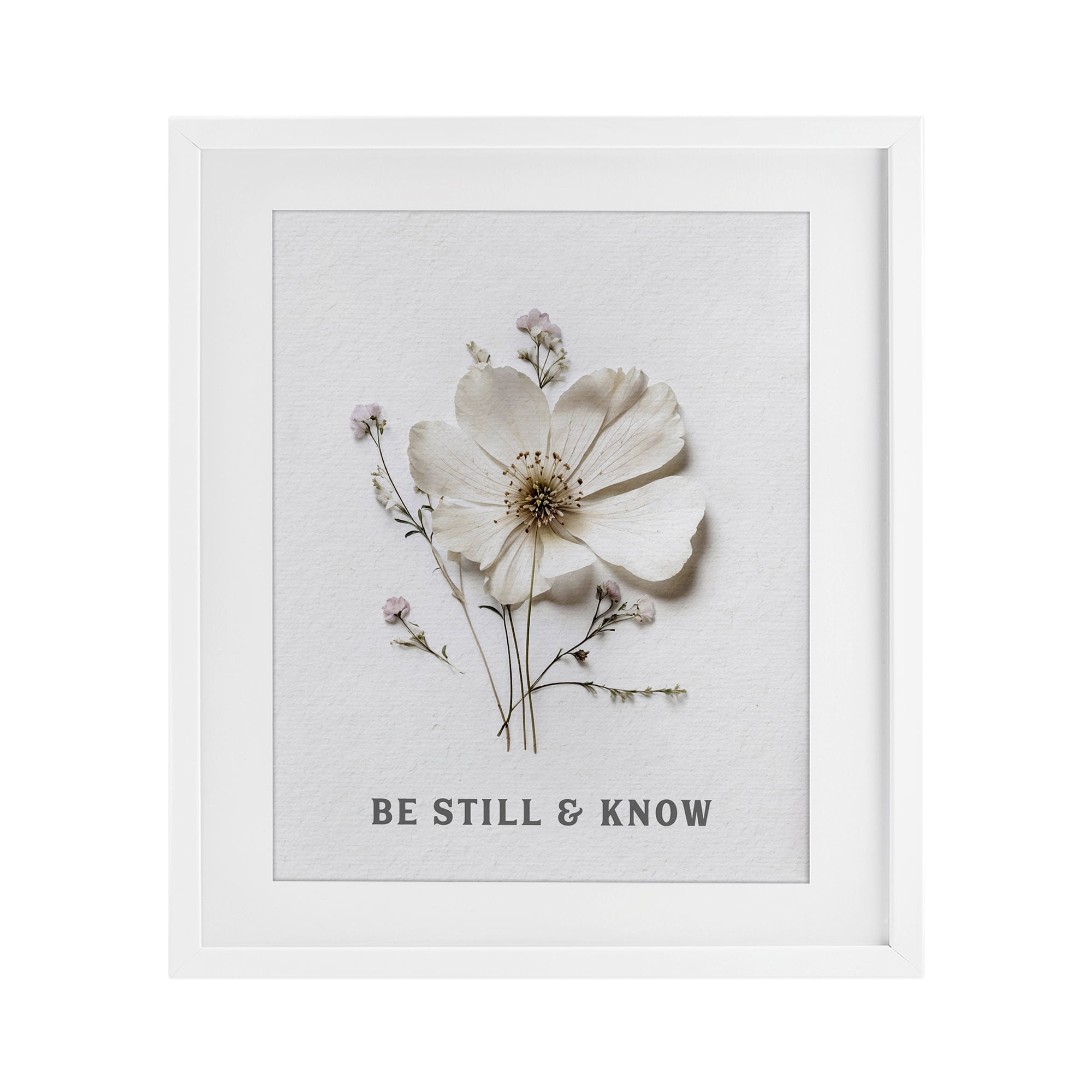 Be Still & Know Pressed Flowers White Framed Print Under Glass, design by Lettered and Lined
