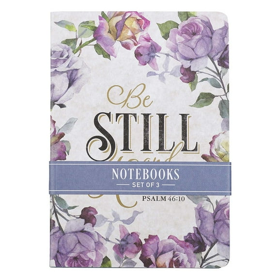 Christian Art Gifts Slim Scripture Notebooks for Women, Be Still and Know that I am God - Psalm 46:10 Inspirational Bible Verse Variety, Purple/Blue Floral Set/3 Medium