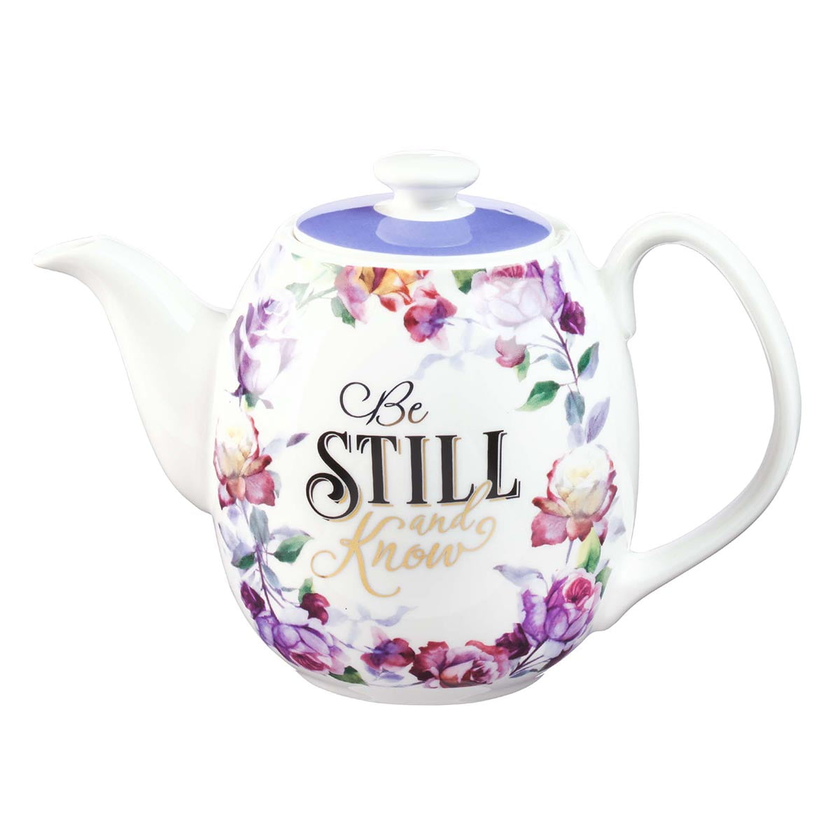 Be Still and Know White Ceramic Teapot with Purple Floral Design