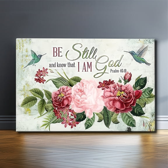 Be Still and Know That I Am God Canvas Wall Art with Frame – Psalm 46:10 Floral Hummingbird Decor