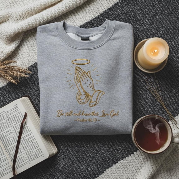 Be Still and Know That I Am God Psalm 46:10 Sweatshirt, Praying Hands Embroidered Shirt, Christian Gift, Religious Crewneck