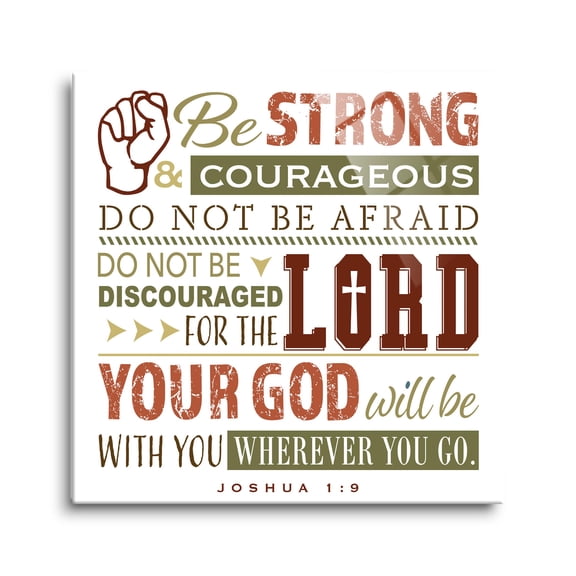 Be Strong Courageous Olive Green Cross 24 x 24 Glass Wall Hanging Sign