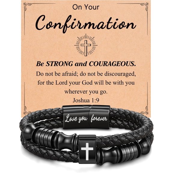 Be Strong and Courageous Confirmation Gifts Leather Cross Bracelet