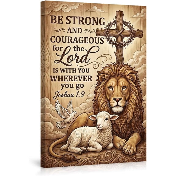 Be Strong and Courageous Lion Lamb Cross Wall Art Canvas Prints Christian Poster Decor for Bedroom Living Room--