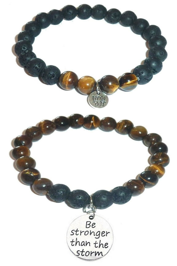 Be Stronger Women's, Girls Tiger Eye & Black Lava Stone Bracelet Gift Set