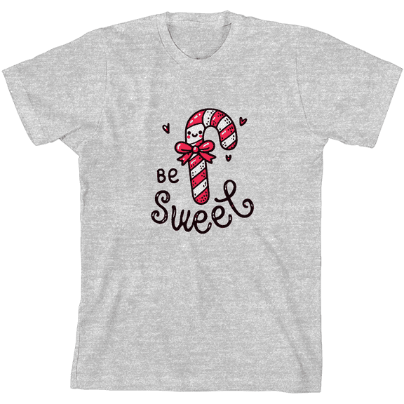 Be Sweet Candy Cane Youth Heather Gray Crew Neck Short Sleeve Tee-Medium