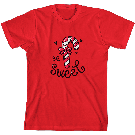 Be Sweet Candy Cane Youth Red Crew Neck Short Sleeve Tee-XS