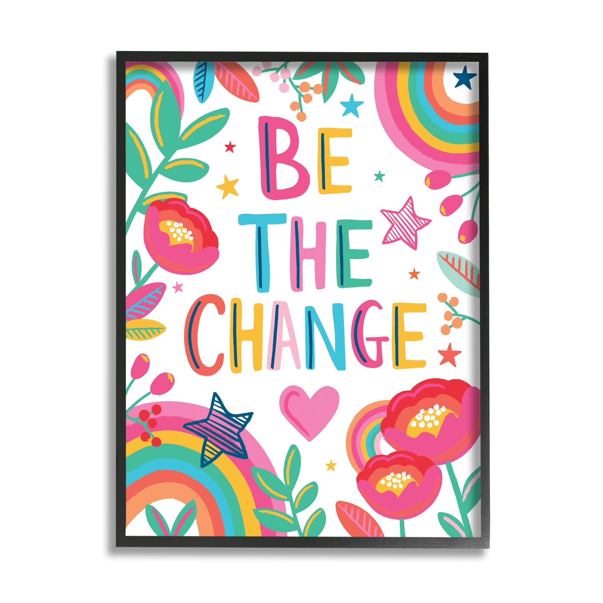 Be The Change Phrase Rainbow Stars and Flowers 16 in x 20 in Framed Painting Art Prints, by Stupell Home Décor