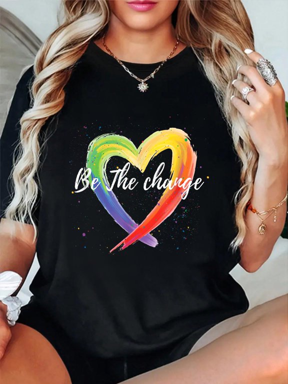 Be The Change Rainbow Heart Positivity Equality Shirt T-Shirt casual short sleeve crew neck cotton tee tops for women