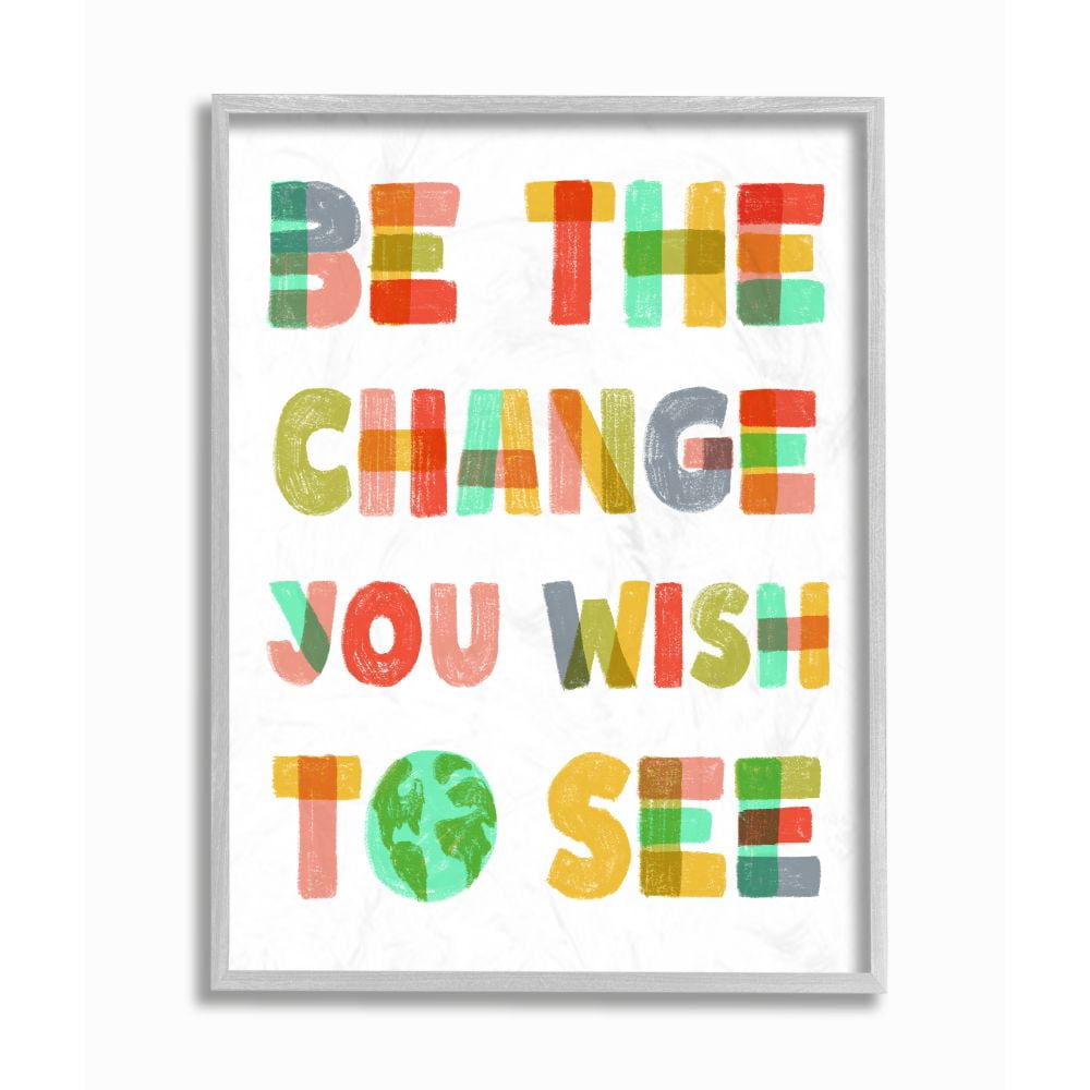 Be The Change Rainbow Pastel Letters Kids Inspirational Word Design Gray Farmhouse Rustic Oversized Framed Giclee Texturized Art by Daphne Polselli