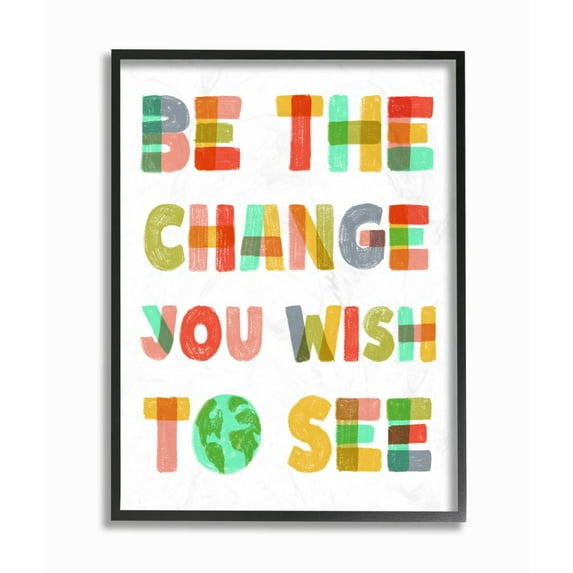 Be The Change Rainbow Pastel Letters Kids Inspirational Word Design Oversized Framed Giclee Texturized Art by Daphne Polselli