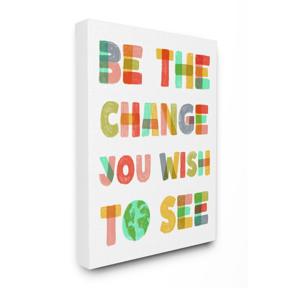 Be The Change Rainbow Pastel Letters Kids Inspirational Word Design Oversized Stretched Canvas Wall Art by Daphne Polselli