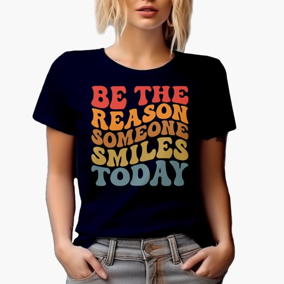 Be The Reason Someone Smiles Today, Make a Person Smile Quote, Groovy Retro Wavy Text Merch Gift, Navy Blue T-Shirt, Large