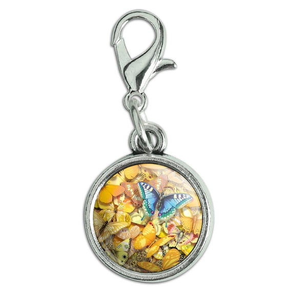 Be Unique Blue Gold Butterflies Antiqued Bracelet Pendant Zipper Pull Charm with Lobster Clasp