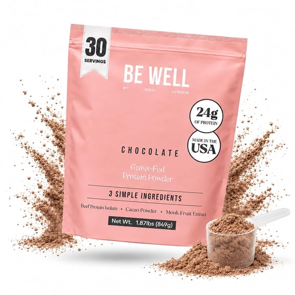 Be Well By Kelly Grass-Fed Beef Protein Powder, Chocolate, 24G Protein, 1G Net Carbs, Keto, Paleo, Carnivore, Gluten-Free, 1.87 lbs