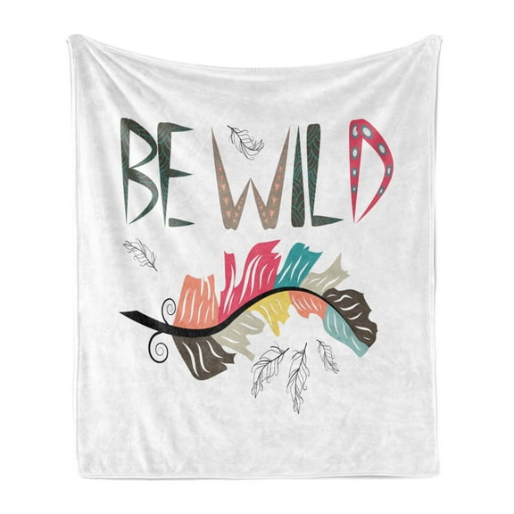 Be Wild Soft Flannel Fleece Throw Blanket, Ornamental Calligraphy with Colorful Feather Symbolizing Freedom Tribal, Cozy Plush for Indoor and Outdoor Use, 60" x 80", Multicolor, by Ambesonne