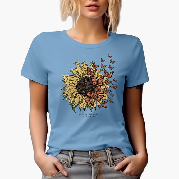 Be Your Own Kind of Beautiful with Vintage Sunflower & Butterflies Art Merch Gift, Baby Blue T-Shirt, Large