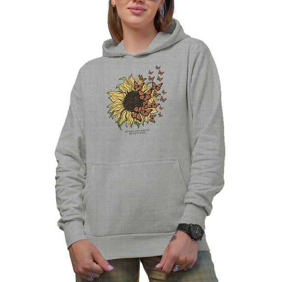 Be Your Own Kind of Beautiful with Vintage Sunflower & Butterflies Art Merch Gift, Heather Grey Hooded Sweatshirt or Hoodie, Small