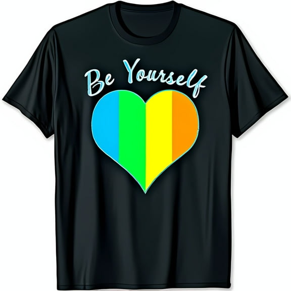 Be Yourself Black T-Shirt with Vibrant Pride Heart Graphic Spread Positivity