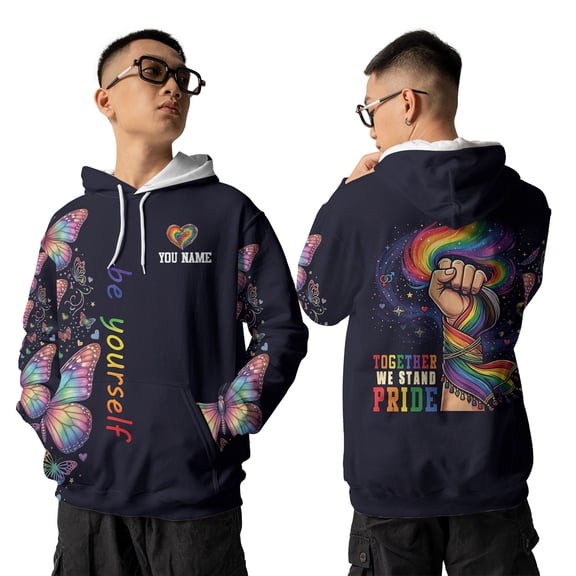 Be Yourself Rainbow Butterfly Graphic Hoodie, Unisex Pride Pullover Hoodie, Together We Stand Pride All Over Print Hooded Sweatshirt