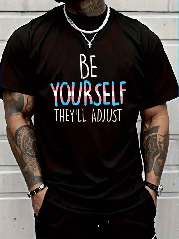 Be Yourself They'll Adjust LGBTQ Rainbow Flag Transgender Men's Cotton Crew Neck Graphic Tee Casual Short Sleeve Solid T-Shirt