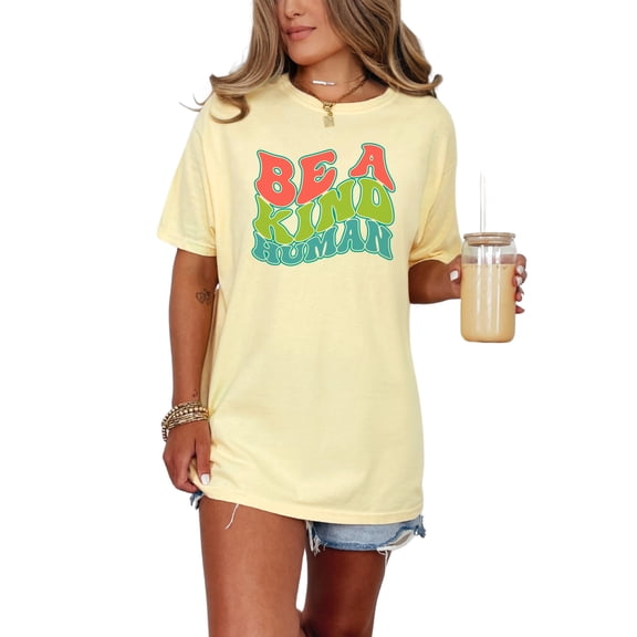Be a Kind Human, Kindness Quote, Groovy Retro Wavy Text, Butter Comfort Colors T-Shirt, 3XL