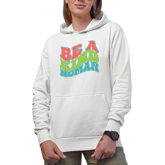 Be a Kind Human, Kindness Quote, Groovy Retro Wavy Text Merch Gift, White Hooded Sweatshirt or Hoodie, Medium