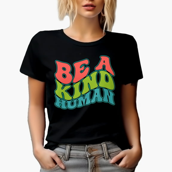 Be a Kind Human, Quote on Kindness, Groovy Retro Wavy Text Merch Gift, Black T-Shirt, Small