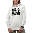thumbnail image 1 of Be a Nice Human Quote, Groovy Retro Wavy Text Merch Gift, White Hooded Sweatshirt or Hoodie, Small, 1 of 5