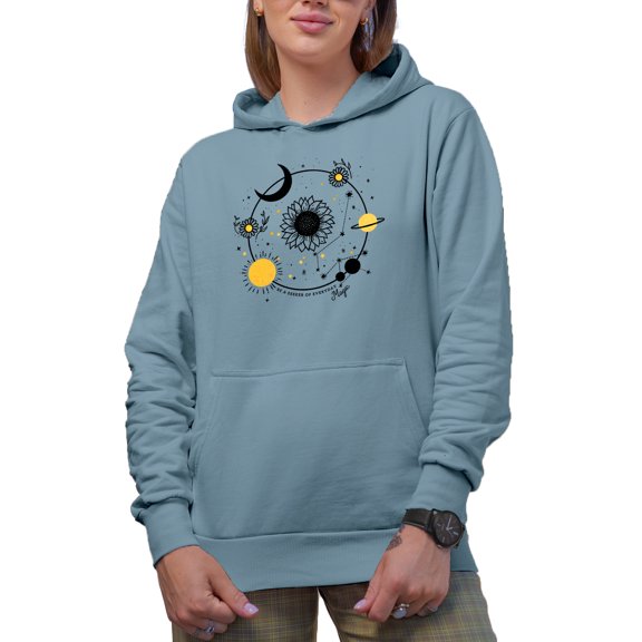 Be a Seeker of Everyday Magic, Boho Mystical & Celestial Art Merch Gift, Light Blue Hooded Sweatshirt or Hoodie, Medium
