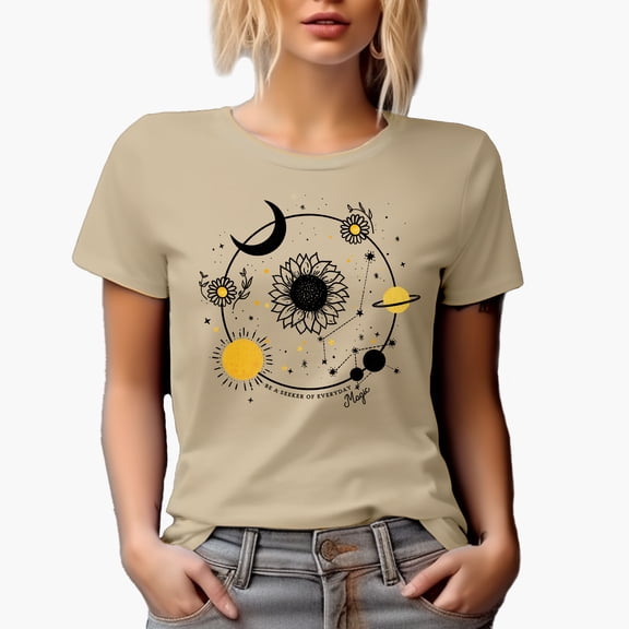 Be a Seeker of Everyday Magic, Boho Mystical & Celestial Art Merch Gift, Tan T-Shirt, Large