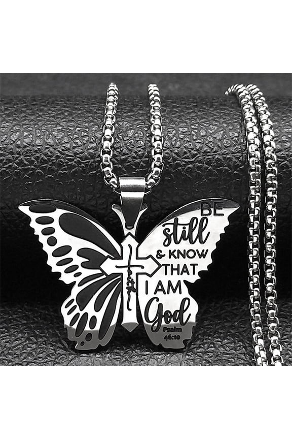 Be still, and know that I am God Butterfly Cross 14K White Gold Pendant Necklace for Women Men Punk Inset Necklaces Hip Hop Jewelry Gifts